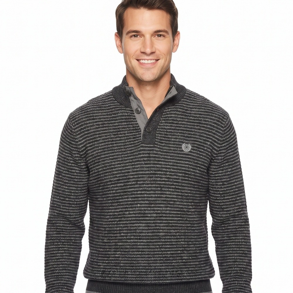 Chaps Mens Mock Neck Quarter Button Striped Cotton Sweater Gray Black Small